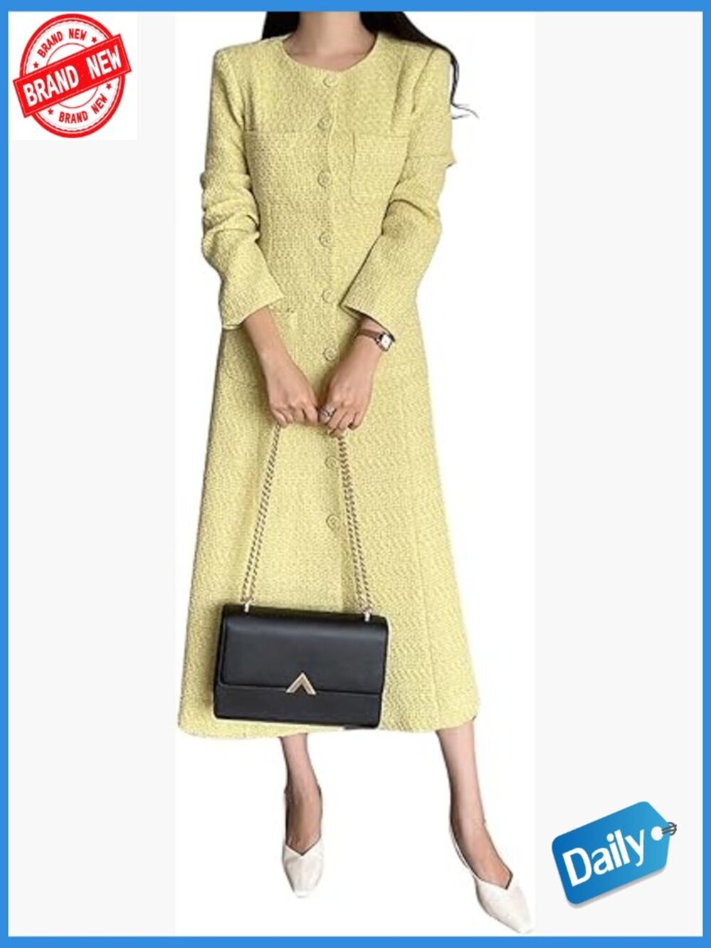 Long Sleeve Tweed Blazer Dress - Collarless A-Line Button Front Work Dress